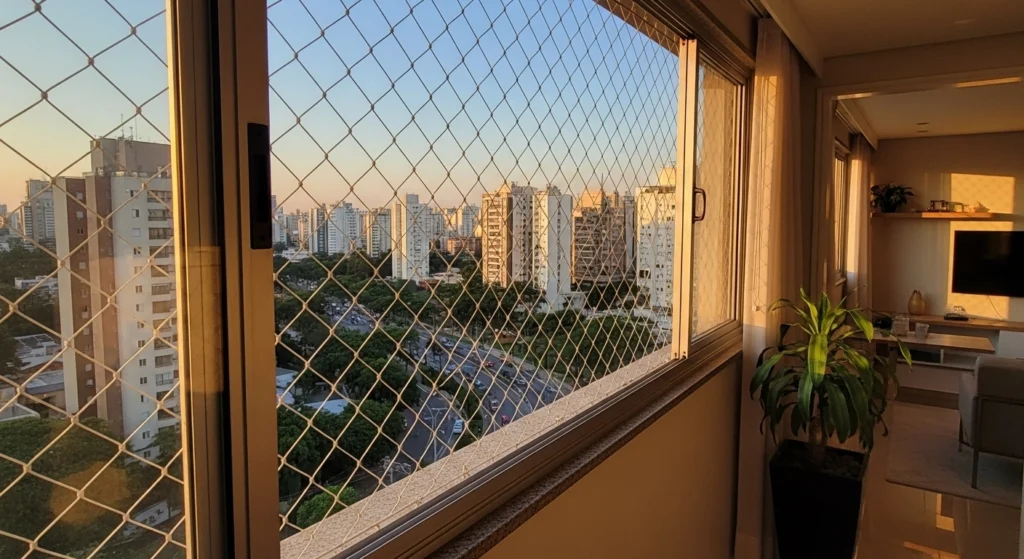 Rede de proteção discreta instalada em varanda de apartamento na Penha, São Paulo.