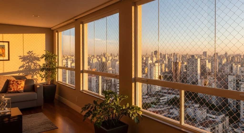 Rede de proteção cristal instalada em residência em Pirituba, Zona Norte de São Paulo.