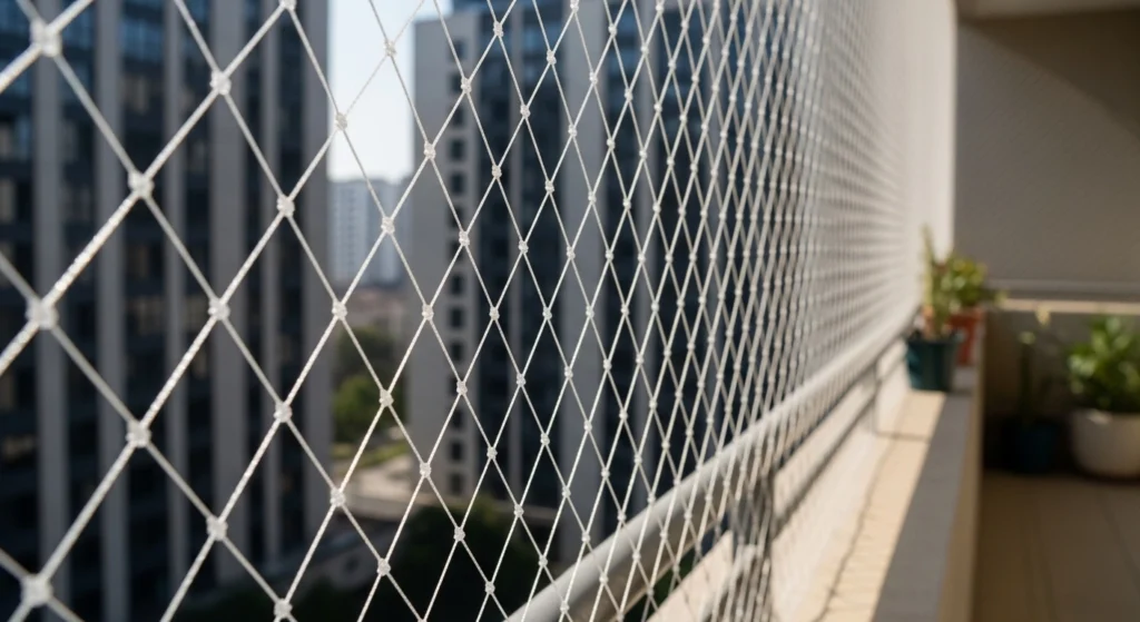 Rede de proteção cristal instalada em janela de prédio histórico na República, Centro de São Paulo.