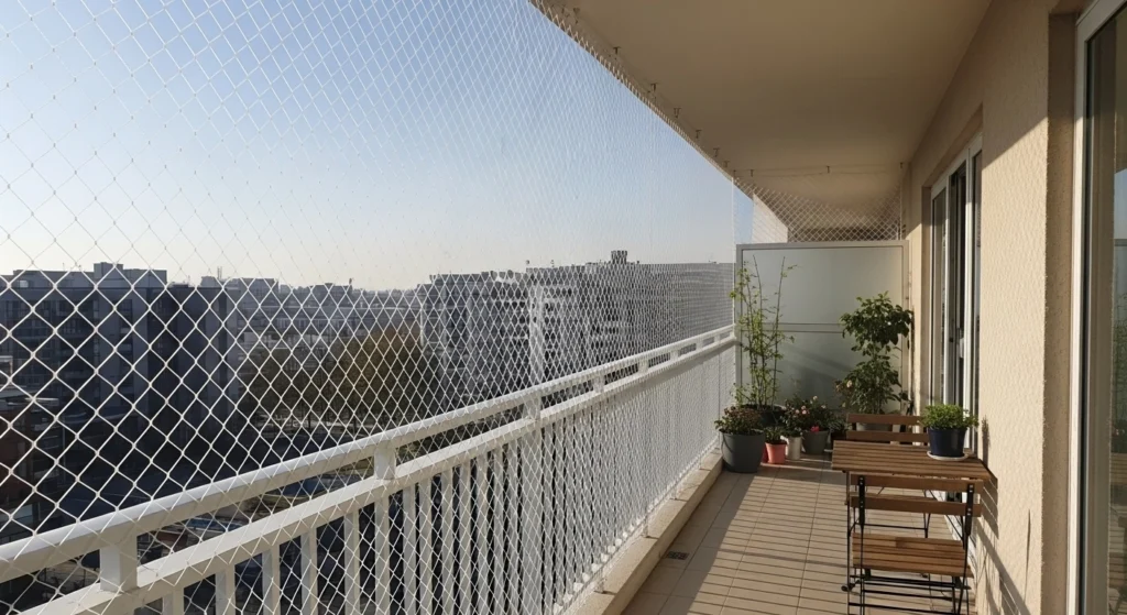 Rede de proteção cristal instalada em janela de apartamento em Santa Cecília, Centro de São Paulo.