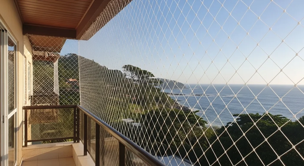 Rede de proteção cristal instalada em varanda de apartamento de frente para a orla de Santos, mostrando resistência à maresia.