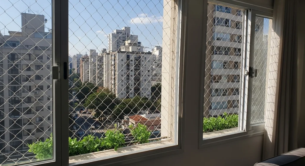 Rede de proteção cristal instalada em residência na Vila Carrão, Zona Leste de São Paulo.