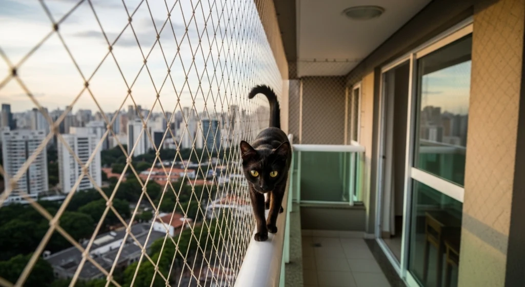 Criança brincando em segurança em janela de apartamento na Lapa, protegida pela Brasil Redes.