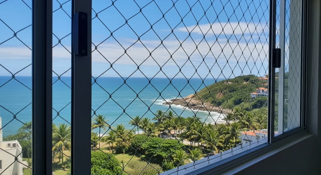 Detalhe de um gancho de aço inox em instalação de rede de proteção no Guarujá.