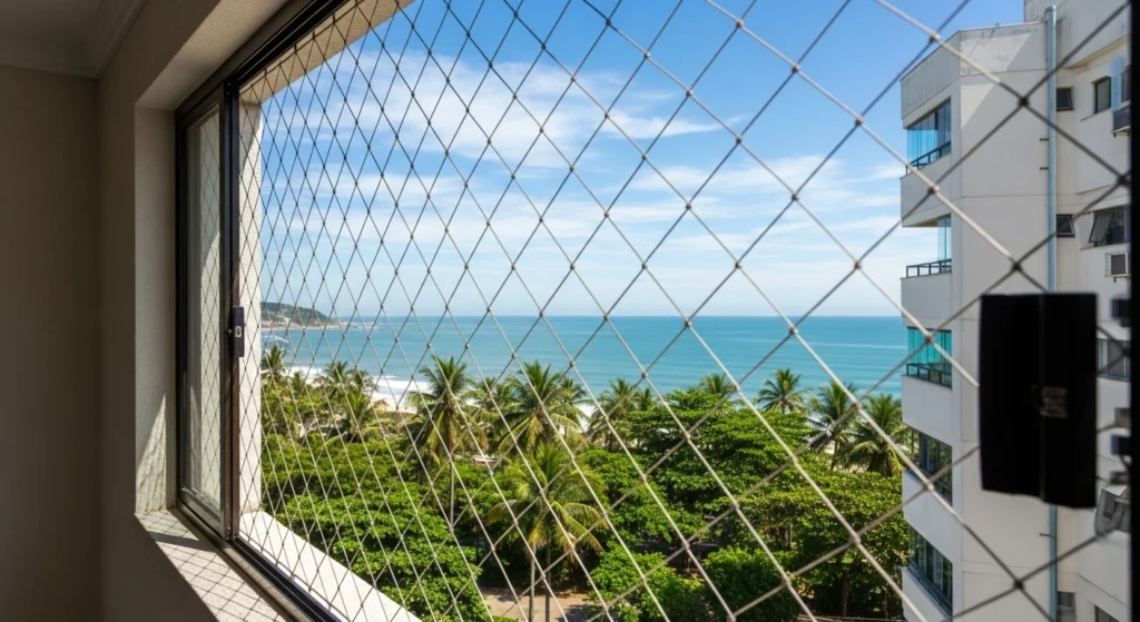 Detalhe de um gancho de aço inox em instalação de rede de proteção na Praia Grande.