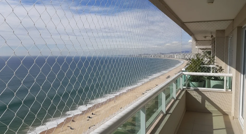 Detalhe de um gancho de aço inox em instalação de rede de proteção em São Sebastião.
