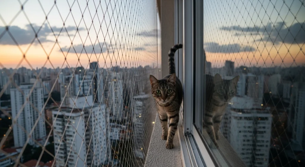 Detalhe da malha 3x3 cm anti-fuga para gatos instalada em janela na Bela Vista.