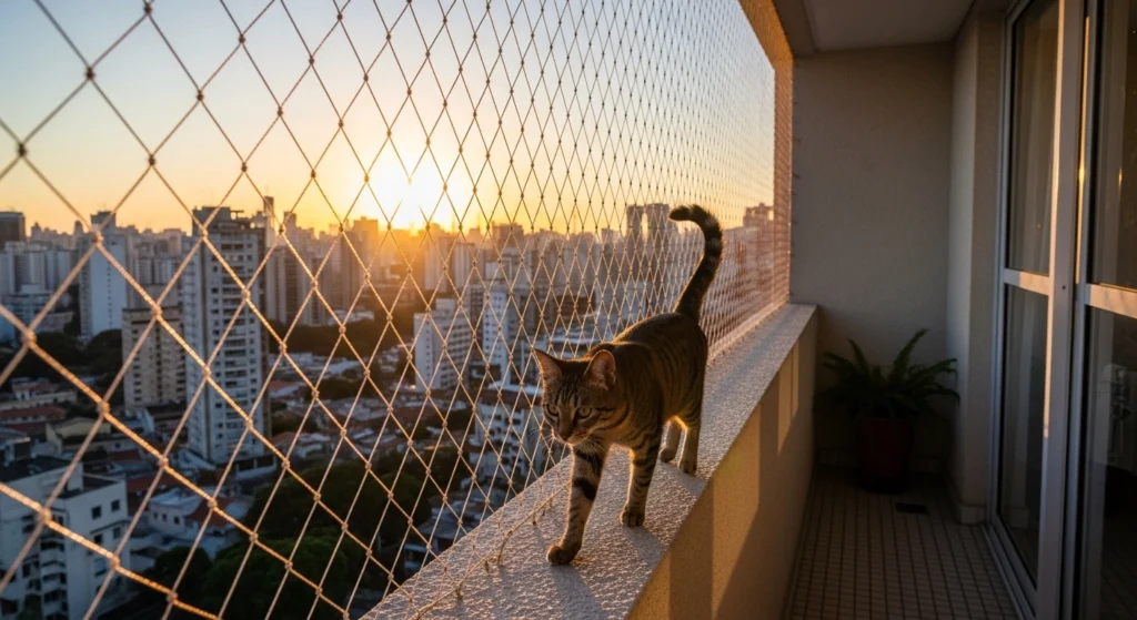 Detalhe da malha 3x3 cm anti-fuga para gatos instalada em janela na Freguesia do Ó.