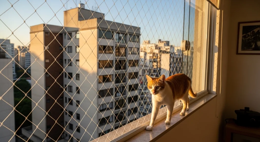 Detalhe da malha 3x3 cm anti-fuga para gatos instalada em janela em Higienópolis.