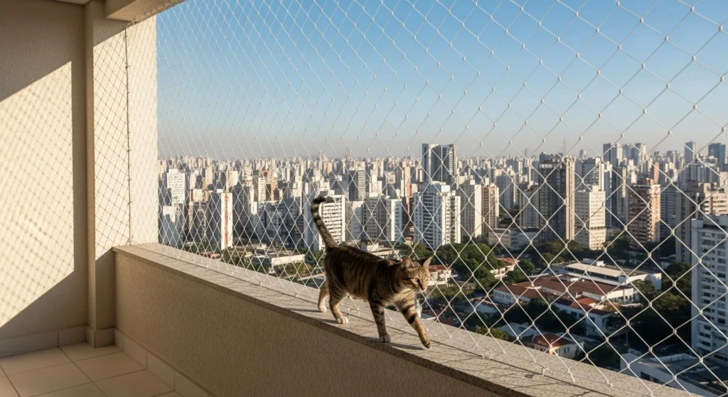 Detalhe da malha 3x3 cm anti-fuga para gatos instalada em janela na Liberdade.