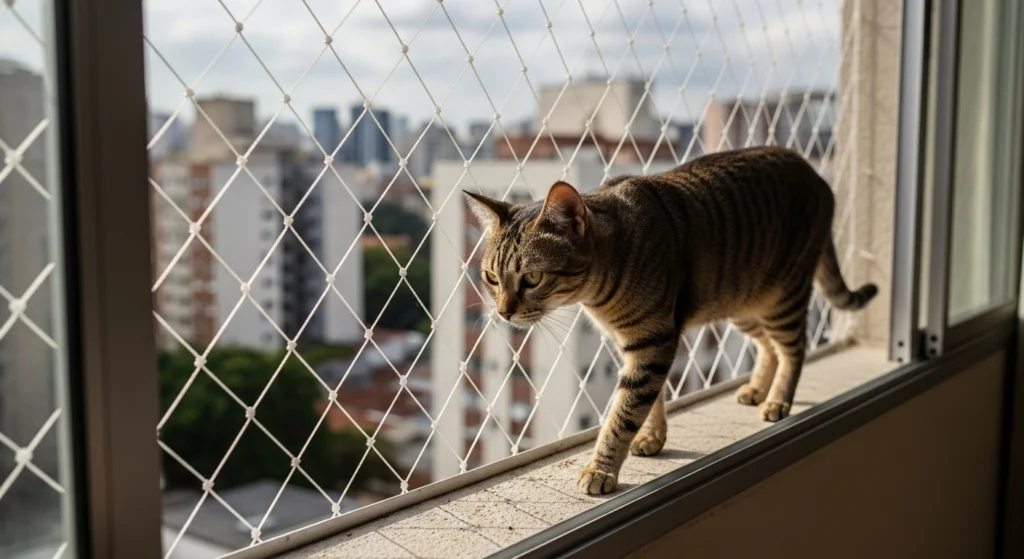 Detalhe da malha 3x3 cm anti-fuga para gatos instalada em janela em Pirituba.