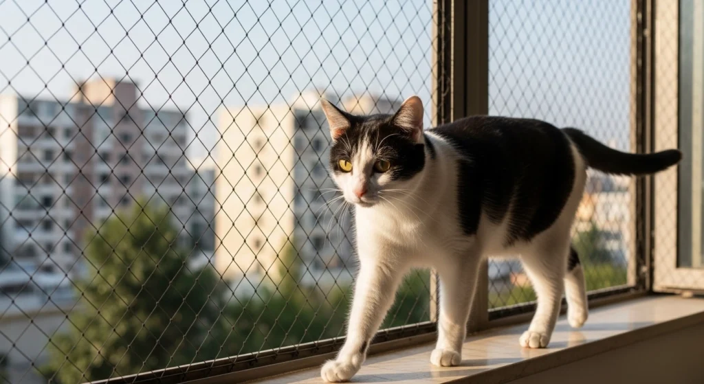 Detalhe da malha 3x3 cm anti-fuga para gatos instalada em janela na República.