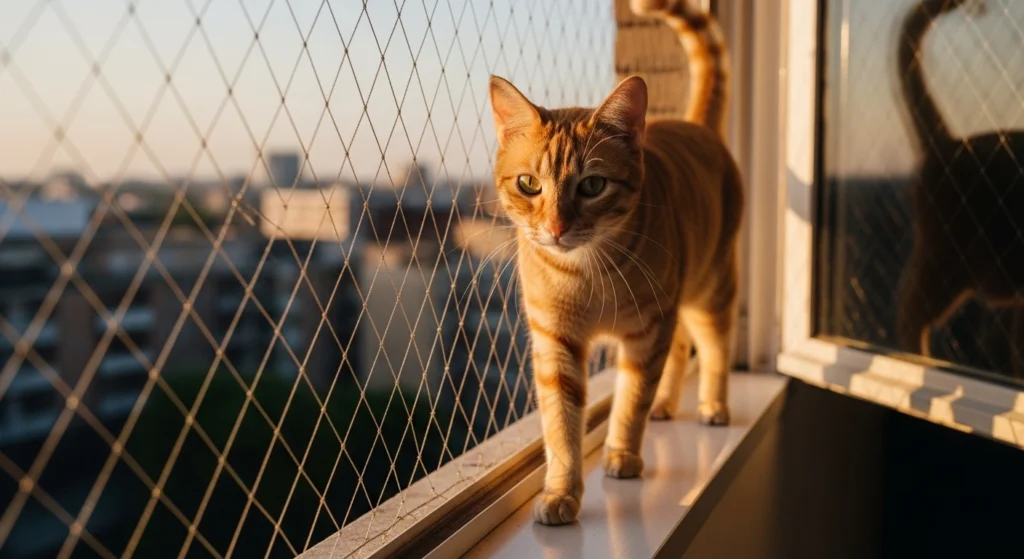 Detalhe da malha 3x3 cm anti-fuga para gatos instalada em janela no Tatuapé.