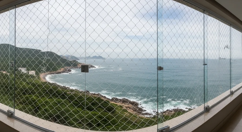 Detalhe de um gancho de aço inox em instalação de rede de proteção em São Vicente.