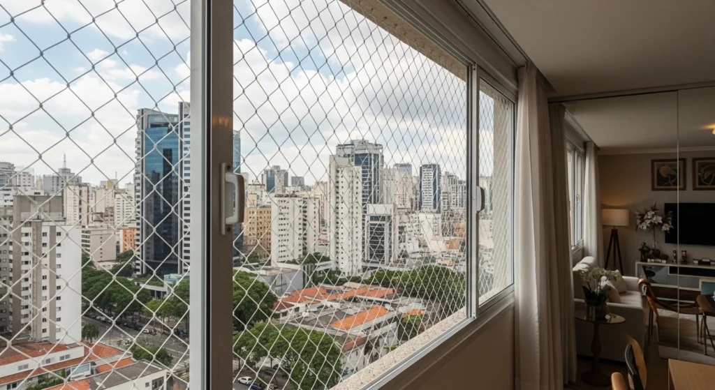 Janela de sobrado na Freguesia do Ó com rede de proteção para crianças instalada pela Brasil Redes.