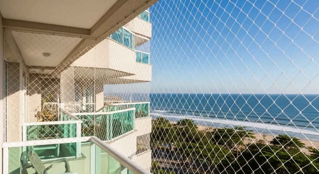 Rede de proteção cristal instalada em deck de casa em Maresias, São Sebastião, com ganchos de aço inox.
