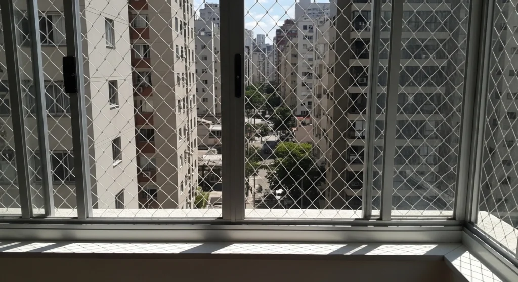 Rede de proteção branca instalada em escada de sobrado na Rua Javari, Mooca.