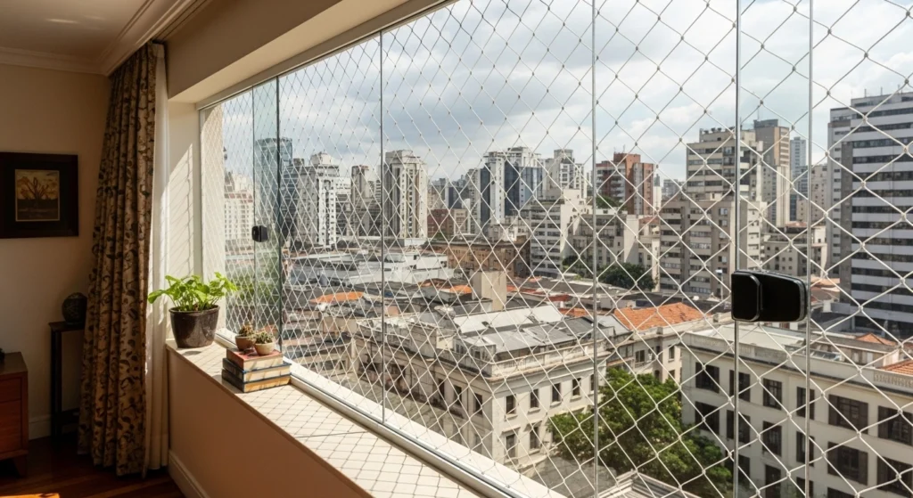 Janela de apartamento no Ibirapuera com rede para gatos, com vista para o Parque Ibirapuera.
