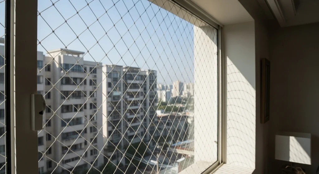 Rede de proteção instalada em janela de apartamento na Rua Pamplona, Bela Vista, SP