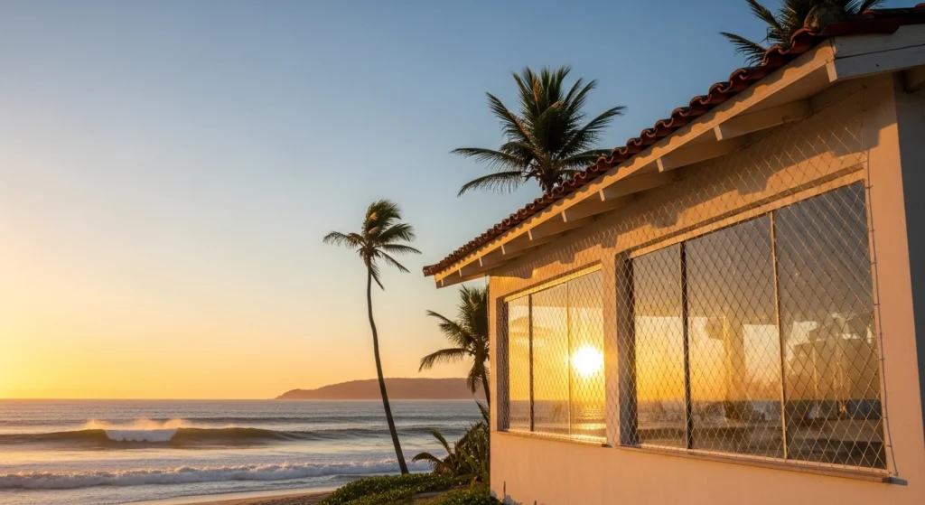 Janela de apartamento na Praia da Enseada com rede de proteção para crianças.