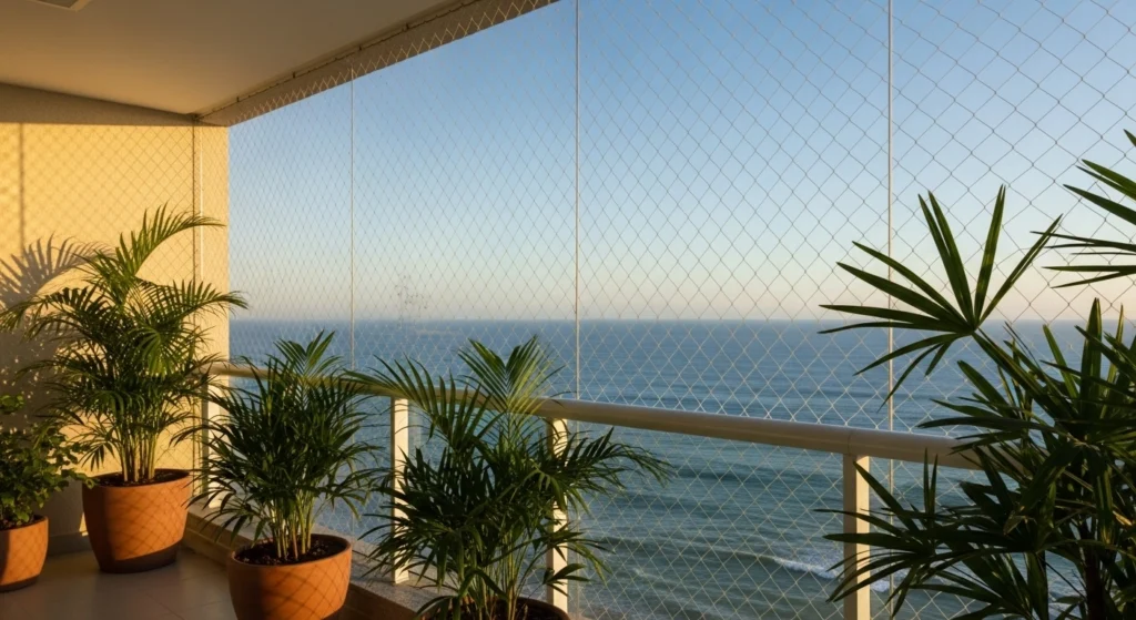 Janela de apartamento na Praia da Guilhermina com rede de proteção para crianças.