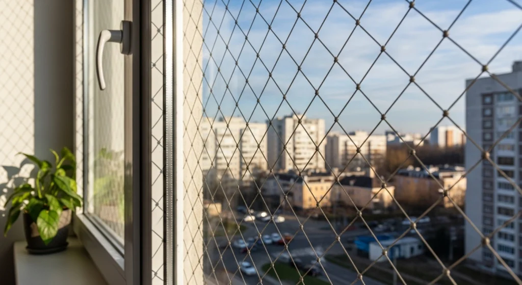Rede de proteção cristal instalada em janela ampla de apartamento na Avenida Angélica, Higienópolis.