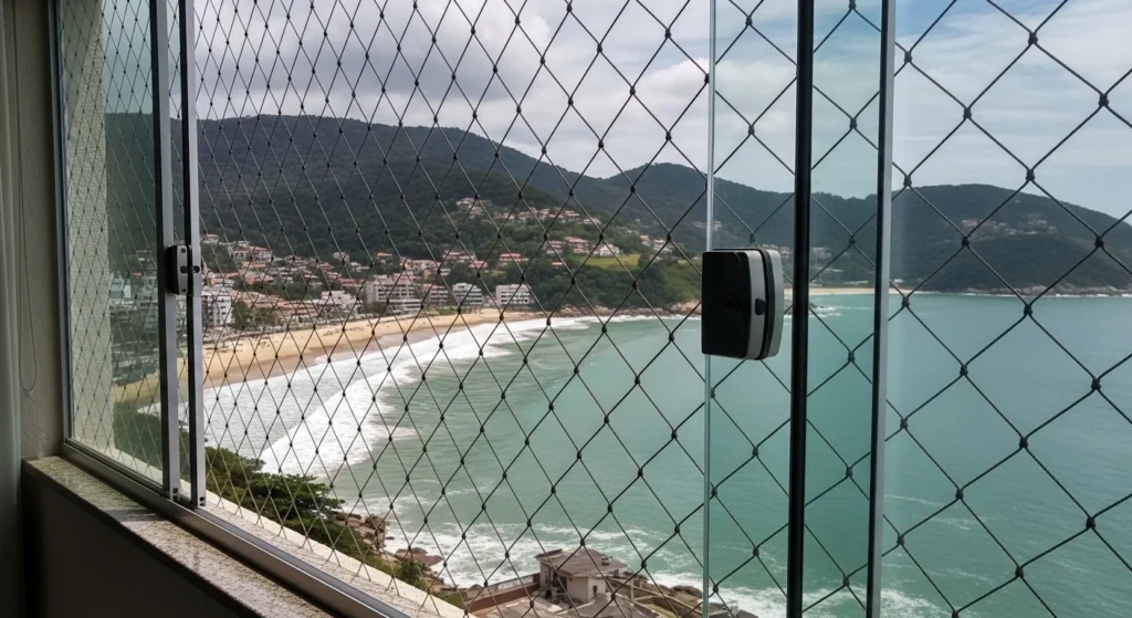 Janela de apartamento em Juquehy, São Sebastião, com rede de proteção para crianças.