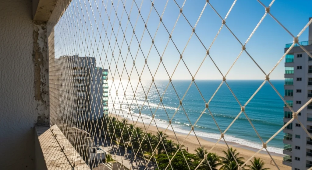 Janela de apartamento na Ponta da Praia com rede de proteção para crianças.