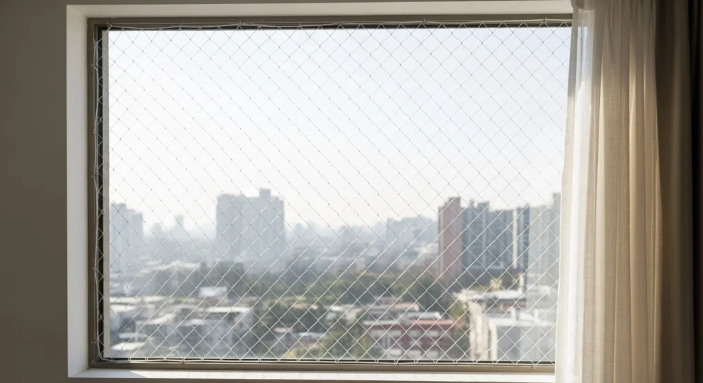 Rede de proteção instalada em janela de prédio histórico na Praça da República, São Paulo.