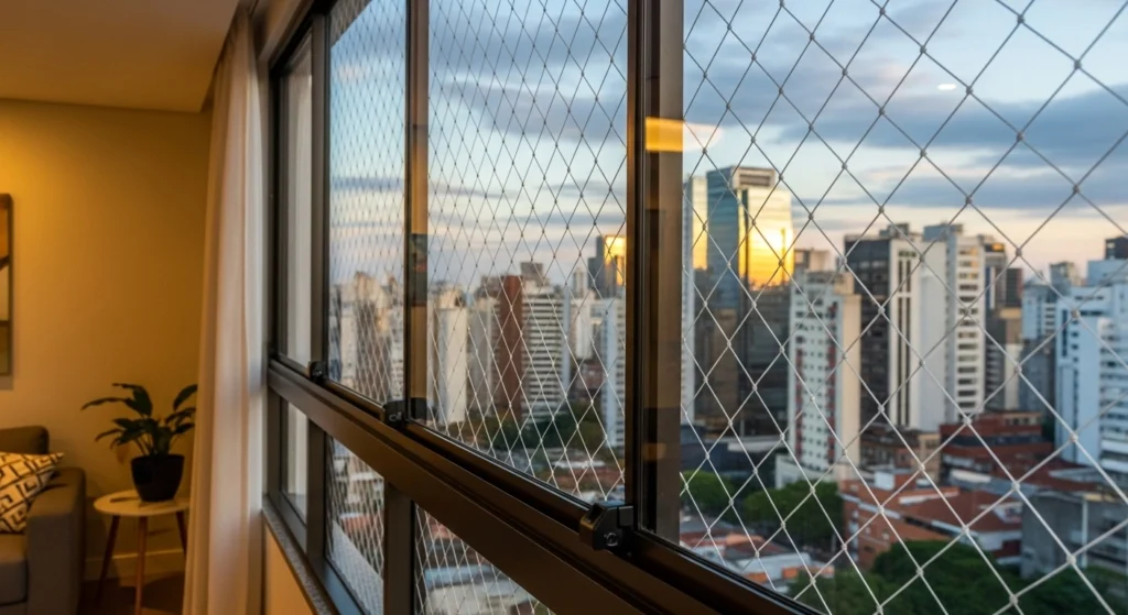 Rede de proteção instalada em janela de sobrado na Av. Itaberaba, Freguesia do Ó, SP.