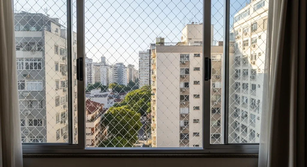 Rede de proteção instalada em janela de sobrado na Av. Mutinga, Pirituba, SP.