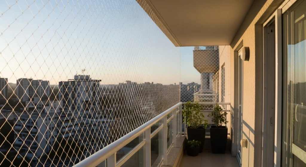 Sacada de apartamento na Bela Vista com rede de proteção cristal, próximo ao MASP