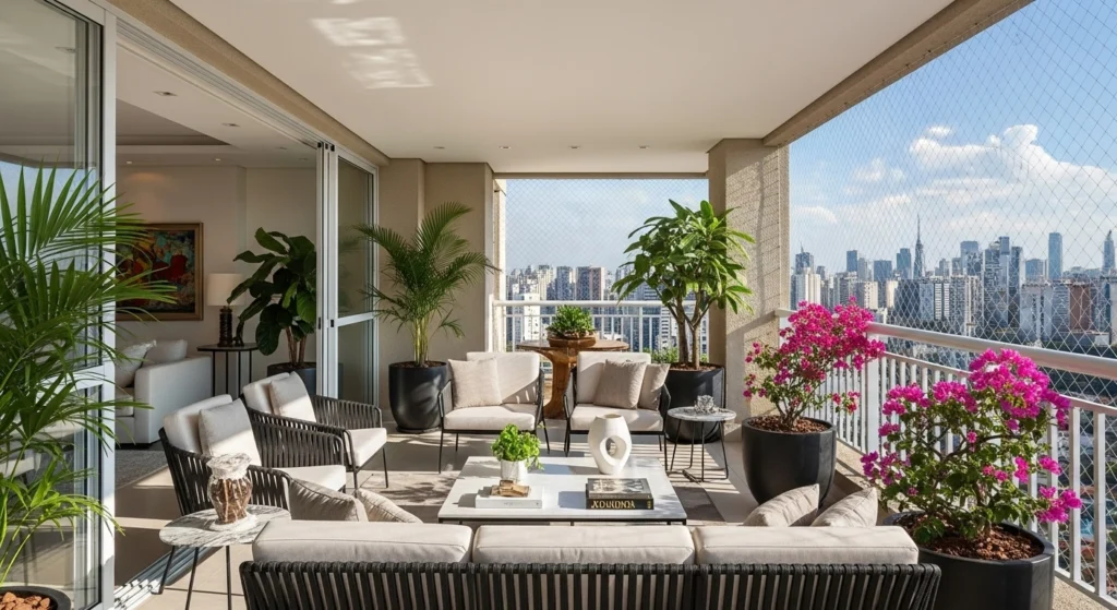 Sacada de apartamento na Freguesia do Ó com rede de proteção cristal.