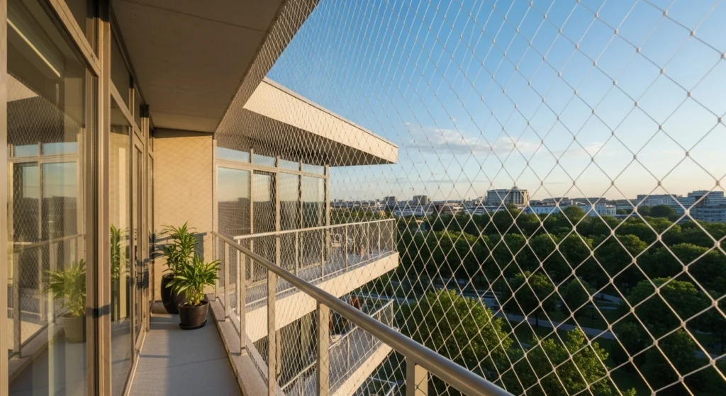 Sacada de apartamento na Liberdade com rede de proteção cristal, próximo ao Metrô.