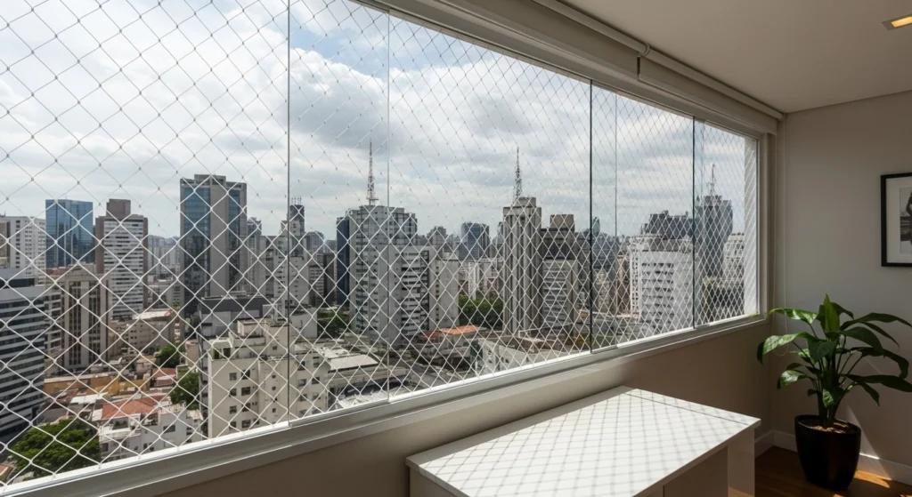 Sacada de apartamento em Pirituba com rede de proteção cristal.