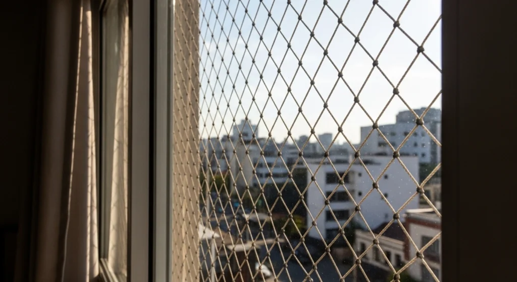 Sacada de apartamento em Santa Cecília com rede de proteção cristal, próximo ao Metrô.