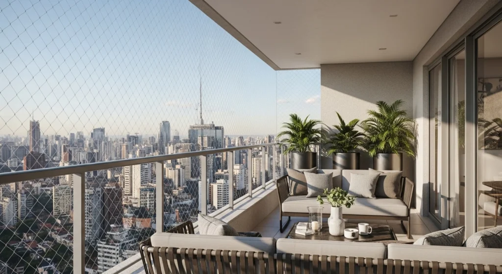 Sacada de apartamento na Vila Carrão com rede de proteção cristal.