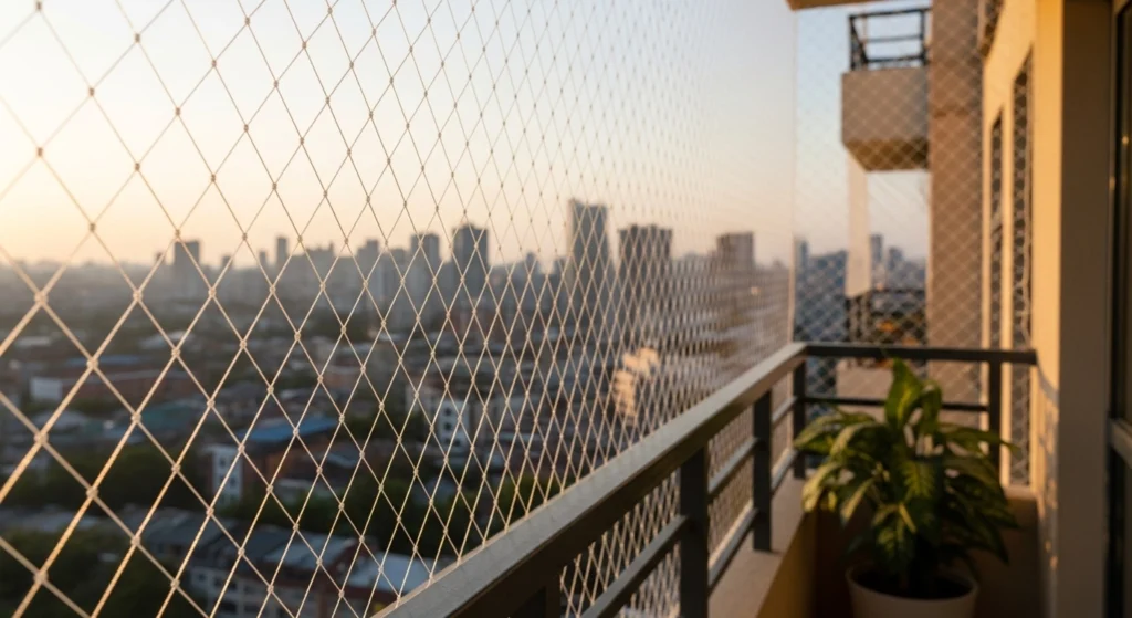 Varanda de apartamento em Higienópolis com rede de proteção, próximo à Praça Buenos Aires.