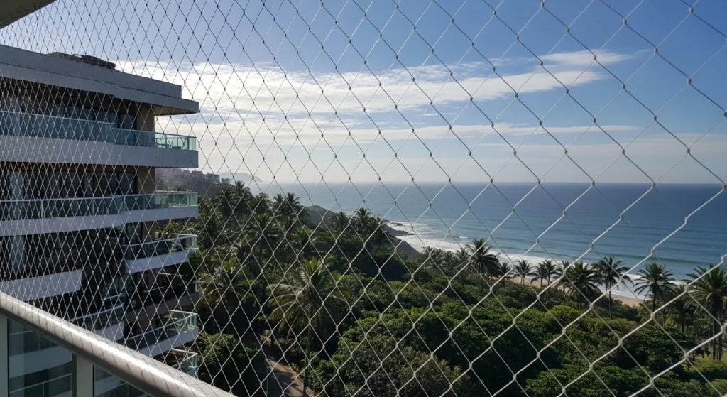 Rede de proteção cristal instalada em varanda gourmet na Praia Grande (Canto do Forte), com ganchos de aço inox.