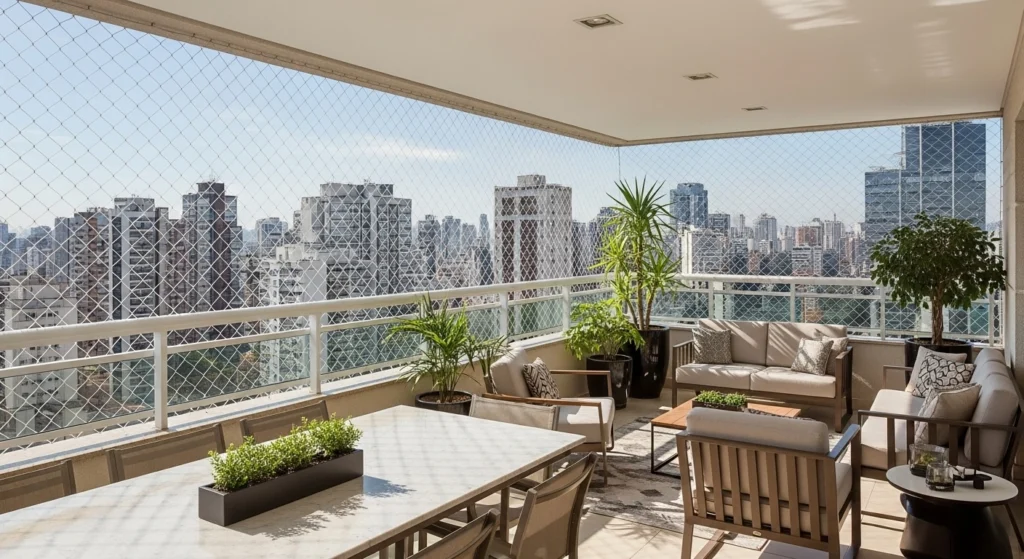 rede de proteção em sacada de apartamento na Alameda dos Anapurus, Moema