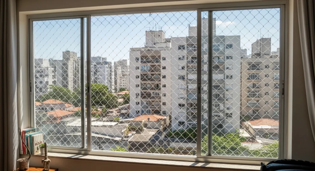 Rede de proteção cristal instalada em varanda de luxo no Ibirapuera, SP, com vista para o parque.