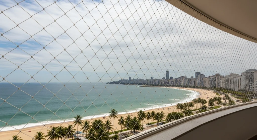Criança brincando em segurança na varanda de um apartamento na Praia Grande, protegido pela Brasil Redes.