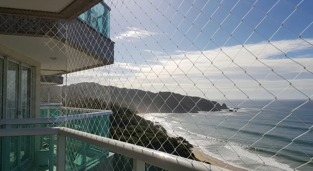 Criança brincando em segurança na varanda de um apartamento em São Vicente, protegido pela Brasil Redes.