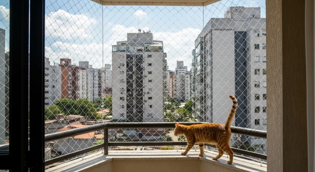 Criança brincando em segurança em apartamento na Mooca, protegido pela Brasil Redes.