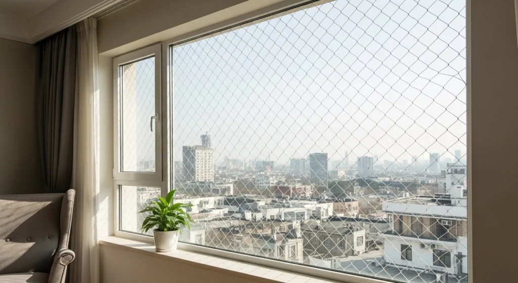 Janela de apartamento na Bela Vista com rede de proteção para crianças instalada pela Brasil Redes.