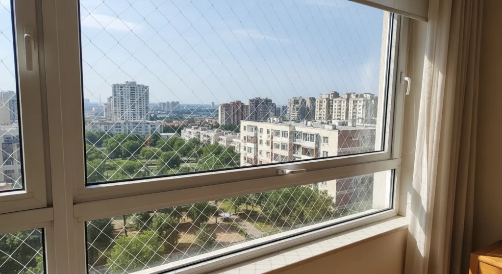 Janela de apartamento na Liberdade com rede de proteção para crianças instalada pela Brasil Redes.