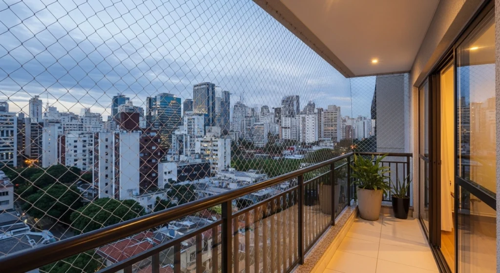 Rede de proteção discreta instalada em varanda de apartamento de alto padrão em Barueri, com vista para Alphaville.