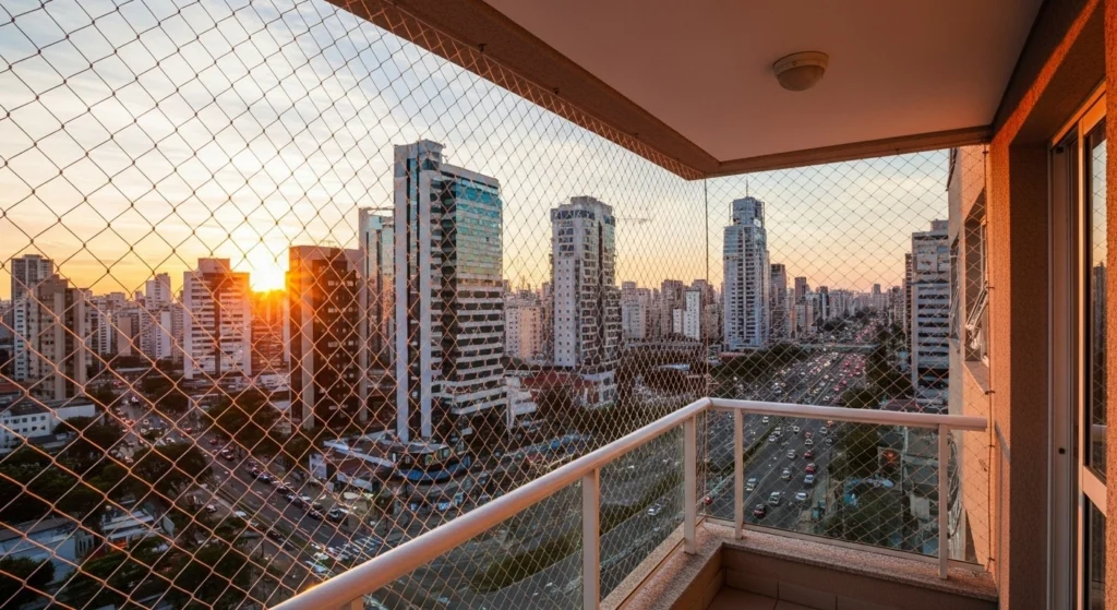 Rede de proteção cristal instalada em varanda de apartamento no bairro Cambuí, em Campinas.