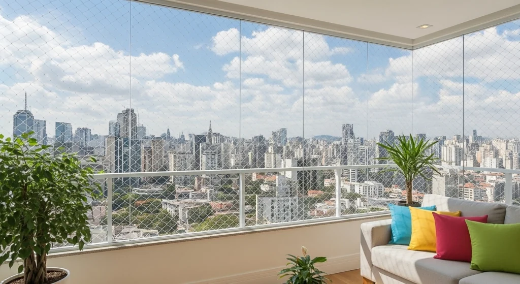 Rede de proteção instalada em varanda de apartamento próximo ao Bosque Maia, em Guarulhos.