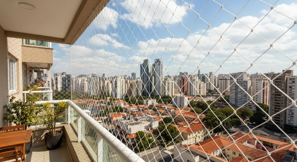 Rede de proteção para gatos instalada em área de serviço de apartamento no Centro de Guarulhos.